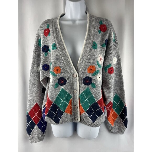 Vtg Cardigan Sweater Women L Floral Yarn Embroidery Argyle Chunky 90s Y2K Preppy - Picture 3 of 11